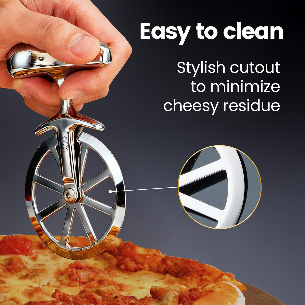 PIZZASCHNEIDER aus Edelstahl, extrem langlebig, rutschfest, ergonomisch, leicht zu reinigen - Edelstahlfarben, Metall (13/4.2/7.5cm) - Gourmet Easy