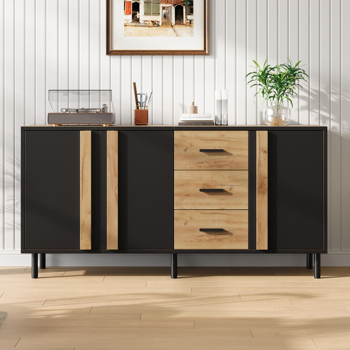 SIDEBOARD 140/35/70 cm mit 3 Türen, 3 Schubladen und Metallbeinen in Schwarz-Naturholzoptik - Schwarz/Naturfarben, Holzwerkstoff (140/70/35cm) - CHICFURN