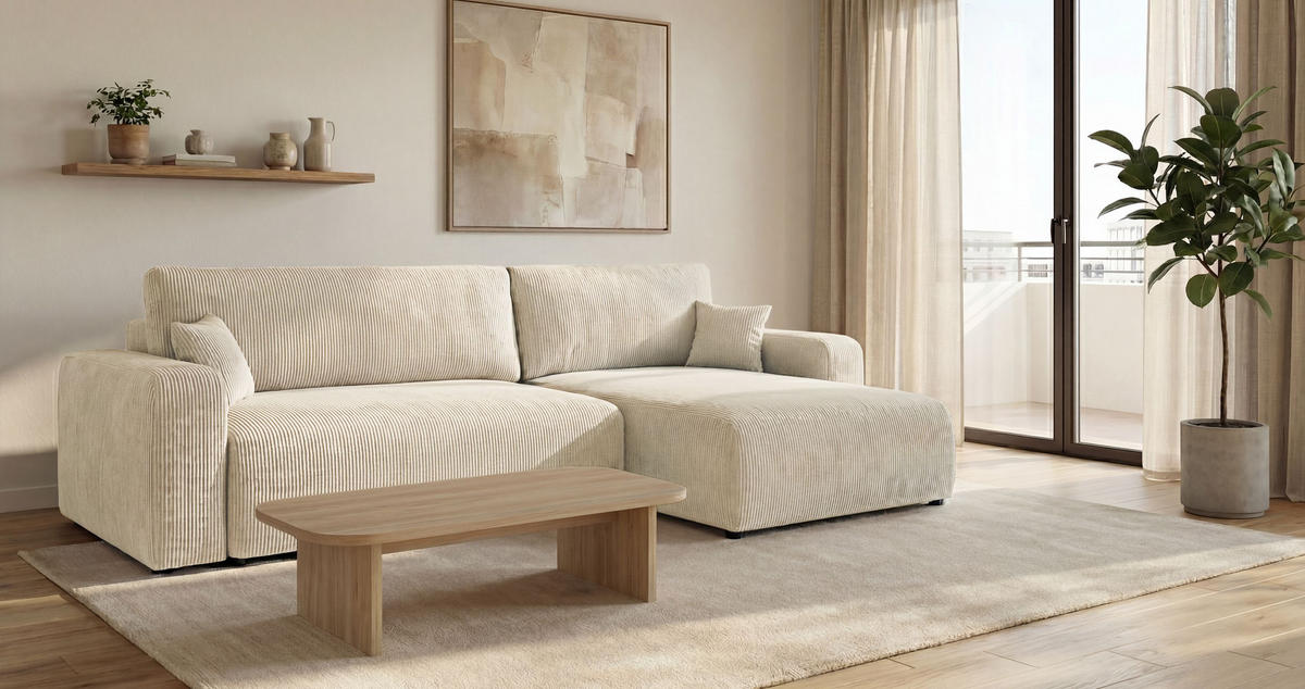 ECKSOFA BERLIN rechts weiß Cord Poso 100 - Schlaffunktion, Bettkasten - Weiß, Textil (285/184cm) - Cornero
