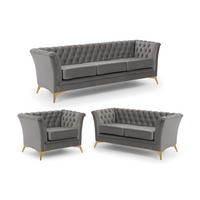 SITZGARNITUR 3+2+1 Chesterfield Whitby Grau Samt mit goldenen Füßen - Goldfarben/Grau, Holz/Textil (237/78/82cm) - S-Style Möbel