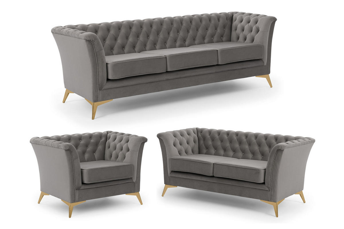 SITZGARNITUR 3+2+1 Chesterfield Whitby Grau Samt mit goldenen Füßen - Goldfarben/Grau, Holz/Textil (237/78/82cm) - S-Style Möbel
