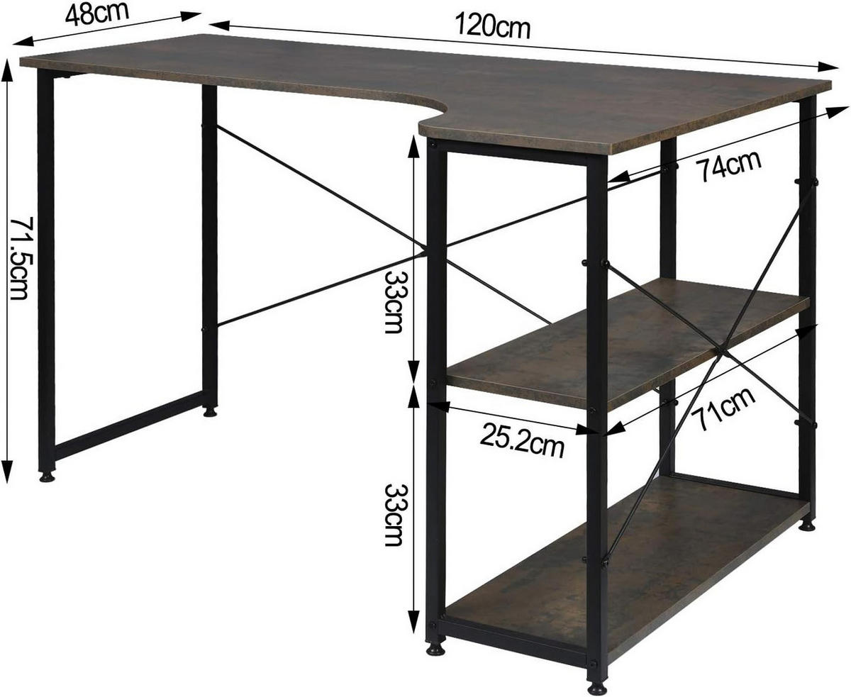 SCHREIBTISCH mit 2 Ablagen,120x74x71,5 cm, Schwarz-Rostfarbe - Rostfarben/Schwarz, Holzwerkstoff/Metall (74/120/71.5cm) - Woltu