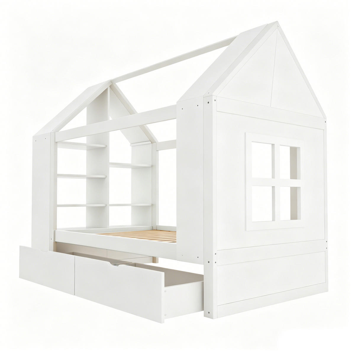 KINDERBETT 90x200 Hausdesign LED Schubladen Weiß - Weiß, Holz (90/200cm) - FLIEKS