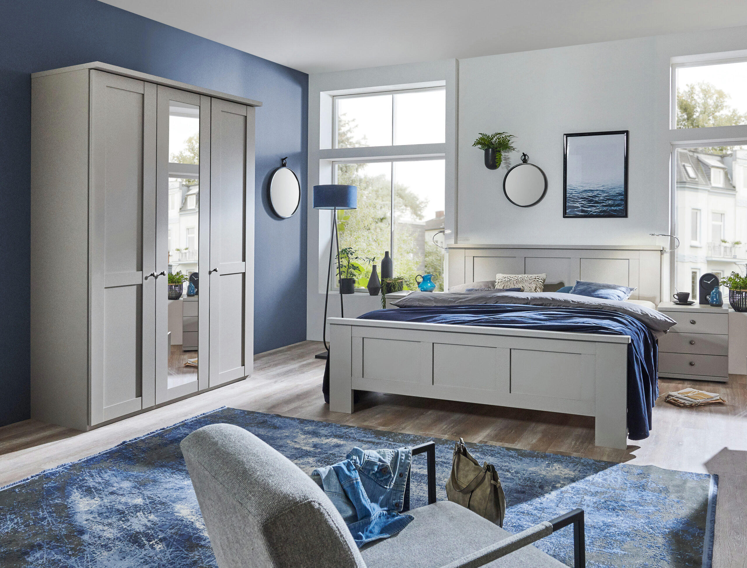 SCHLAFZIMMER Greenholm in Kieselgrau 4 teilig mit Kleiderschrank 150cm Breite mit Spiegel, Doppelbett 180x200cm, zwei Nachttisch - Grau, Holzwerkstoff (80/200/120cm)