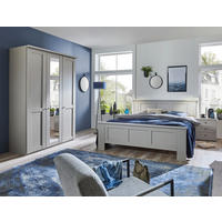 SCHLAFZIMMER Greenholm in Kieselgrau 4 teilig mit Kleiderschrank 150cm Breite mit Spiegel, Doppelbett 180x200cm, zwei Nachttisch - Grau, Holzwerkstoff (80/200/120cm)