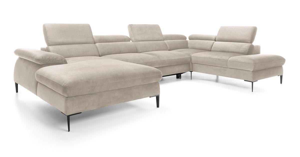 WOHNLANDSCHAFT MESTO Creme Velours-Stoff mit Schlaffunktion - Creme, Holz (353/94/182cm) - MASSENO