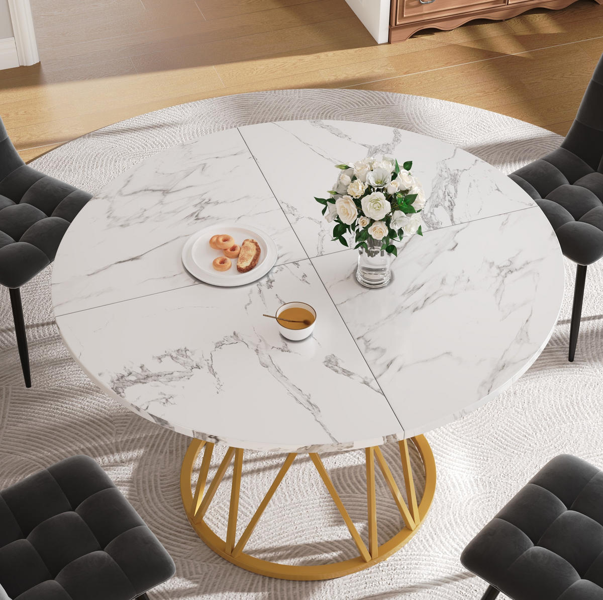 ESSTISCH 100x100x76 cm in Weiß und Gold aus MDF mit Marmoroptik auf goldenem Metallgestell - Goldfarben, Holzwerkstoff (100/100/76cm) - Modfu