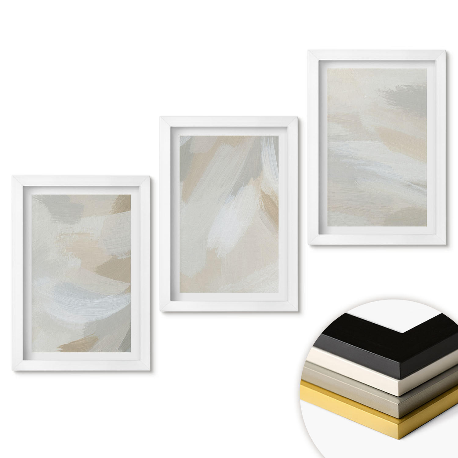 WANDBILDER 3er-Set - 20x30 cm Weißer Rahmen - Abstrakter Pinselhintergrund - Weiß, Kunststoff (20/30cm) - ArtPrintCave