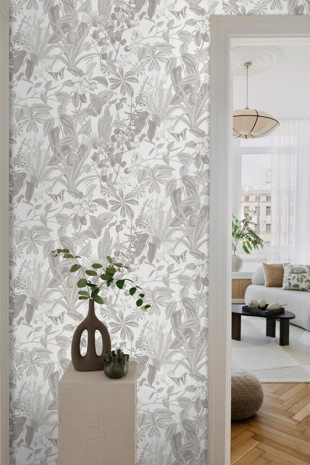 TAPETE tropische Blätter und Blüten 53 cm x 10 m - Grau, Papier (53/1000cm) - Sanders & Sanders