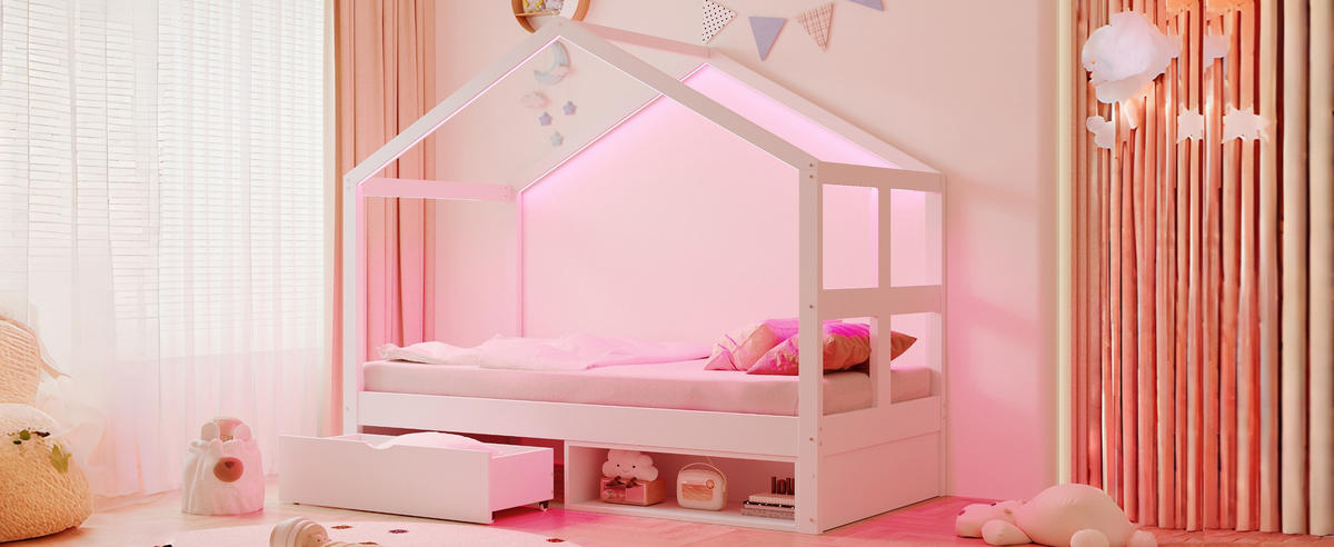 HAUSBETT 90/190 cm in Weiß mit Schublade, Schuhschrank und LED - Weiß, Holz/Holzwerkstoff (90/190cm) - CHICFURN