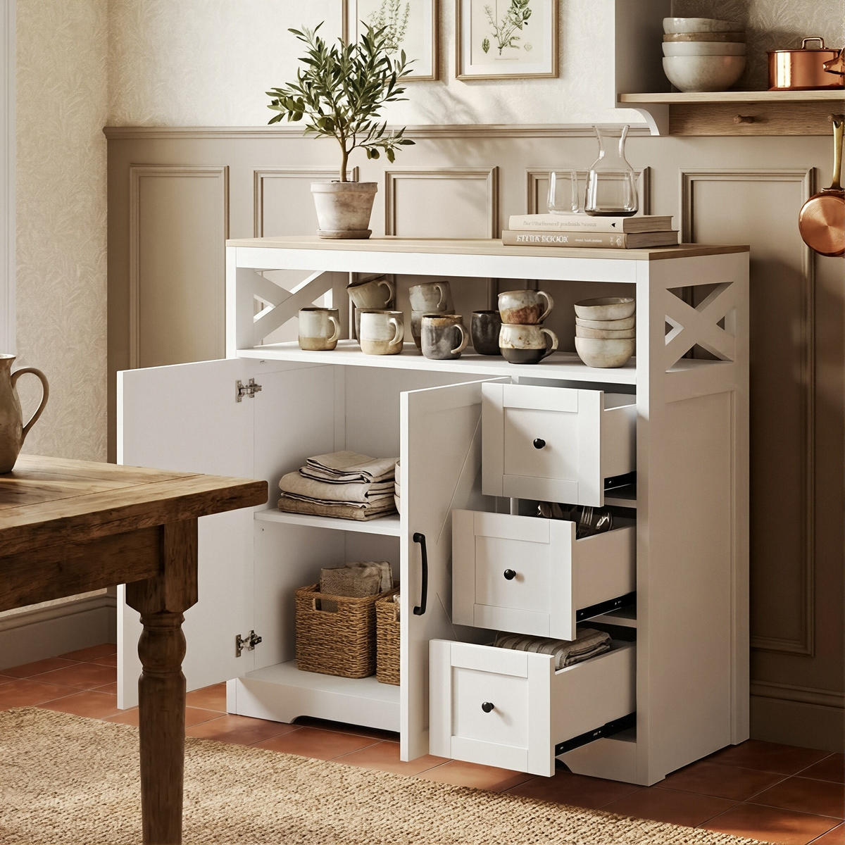 SIDEBOARD Modern mit 2 Türen & 3 Schubladen 100/40/105 cm Weiß/Eiche - Weiß, Holzwerkstoff (100/105/40cm) - Creahappy