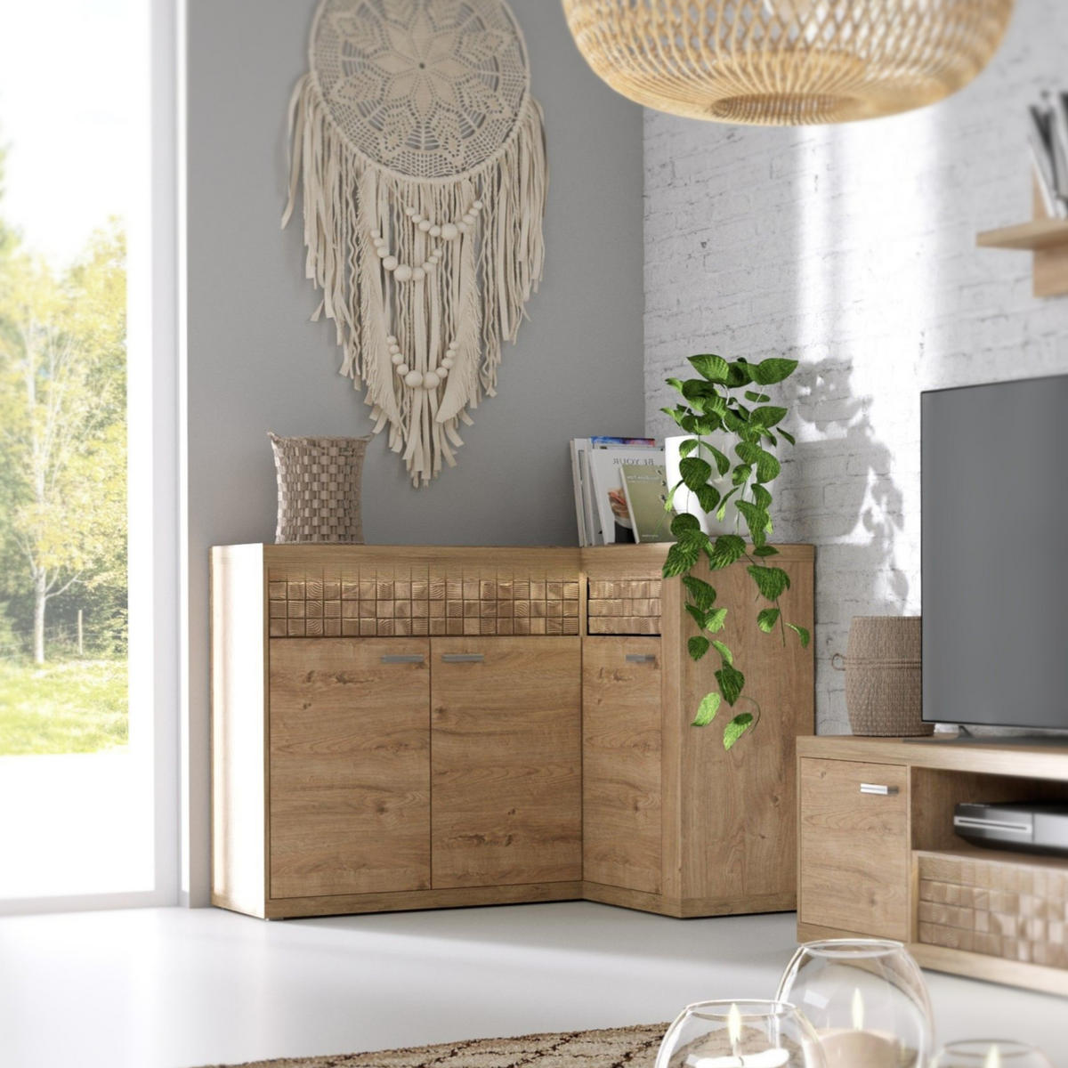 SIDEBOARD BALESTRAND N15 Dekorative Front Eiche - Eichefarben/Silberfarben, Glas/Holzwerkstoff (132/99/41cm) - Komodee