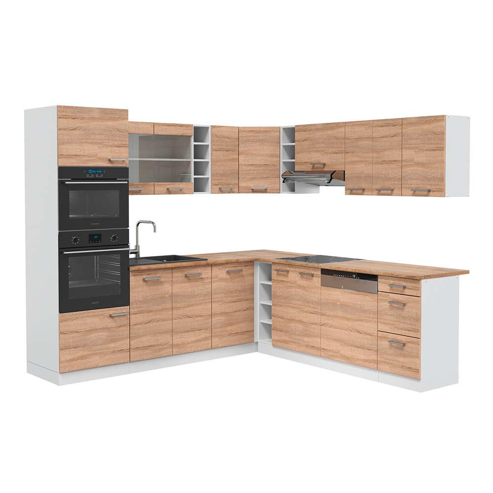ECKKÜCHE R-Line Sonoma/Weiß 237 x 247 cm, AP Eiche - Weiß/Sonoma Eiche, Holzwerkstoff (247/81.6/60cm) - Vicco