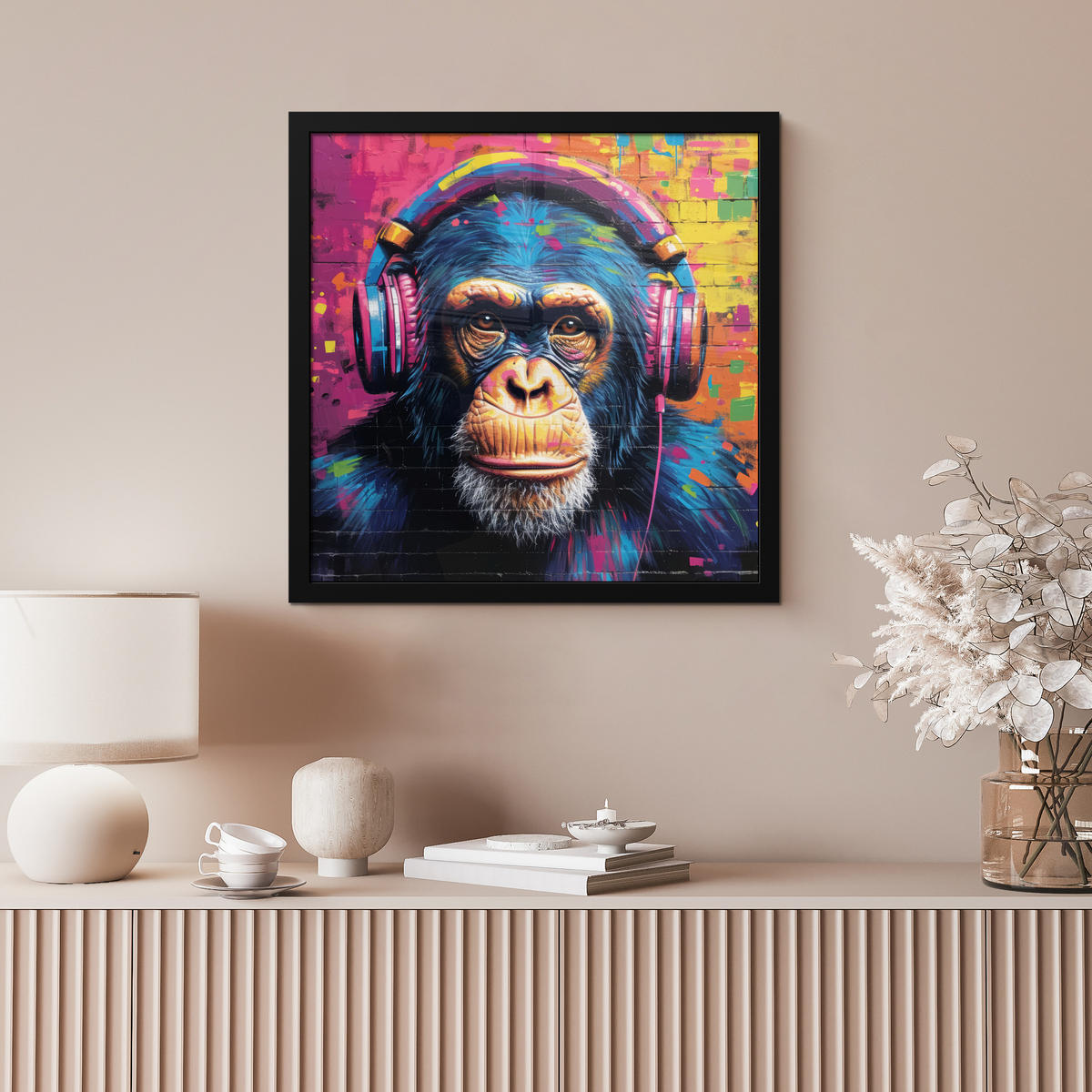 POSTER MIT RAHMEN Graffiti - Schimpanse - Straßenkunst - Kopfhörer - Affe 40x40 cm - Blau, Papier (40/40cm) - MuchoWow