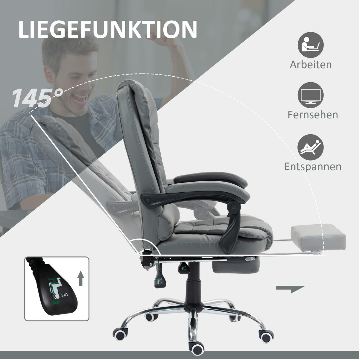 CHEFSESSEL Bürostuhl mit Fußstütze, Schreibtischstuhl mit Neigefunktion Grau - Grau, Kunststoff (69/117/64.5cm) - HOMCOM