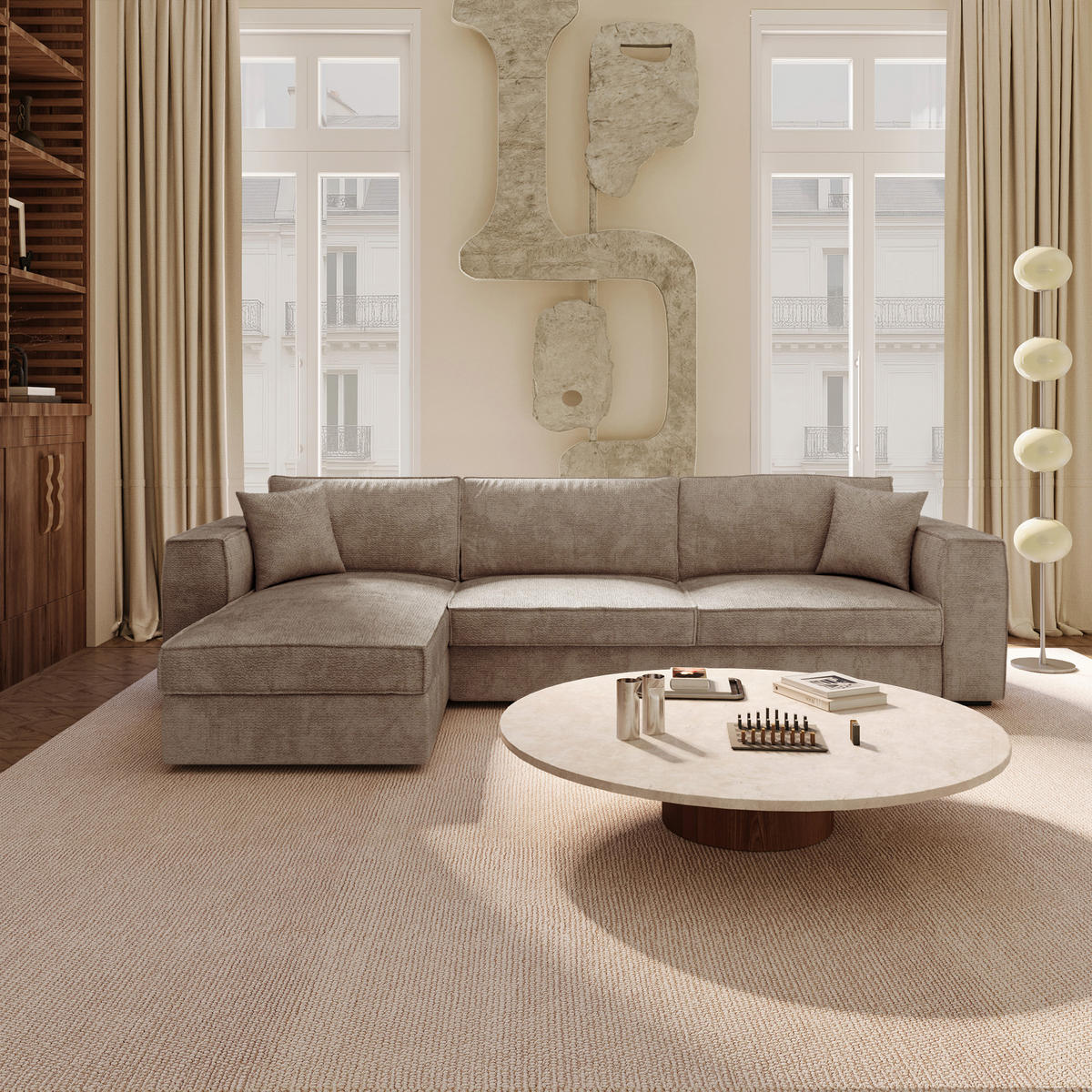 LINKSECK-SCHLAFSOFA MIKA Köpergewebe mit weichem Griff Taupe 292cm - Taupe, Textil (292/100cm) - Premium Interiors