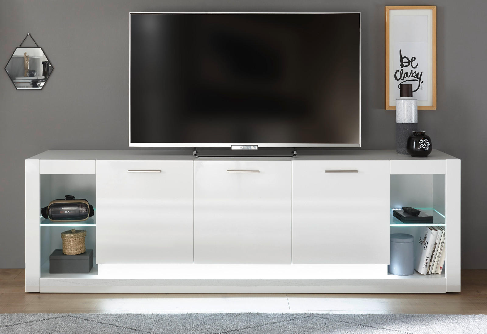 TV-LOWBOARD weiß Hochglanz 200 cm, TV Unterschrank mit Komforthöhe - Weiß Hochglanz/Silberfarben, Glas/Holzwerkstoff (198/61/43cm) - Furn.Design
