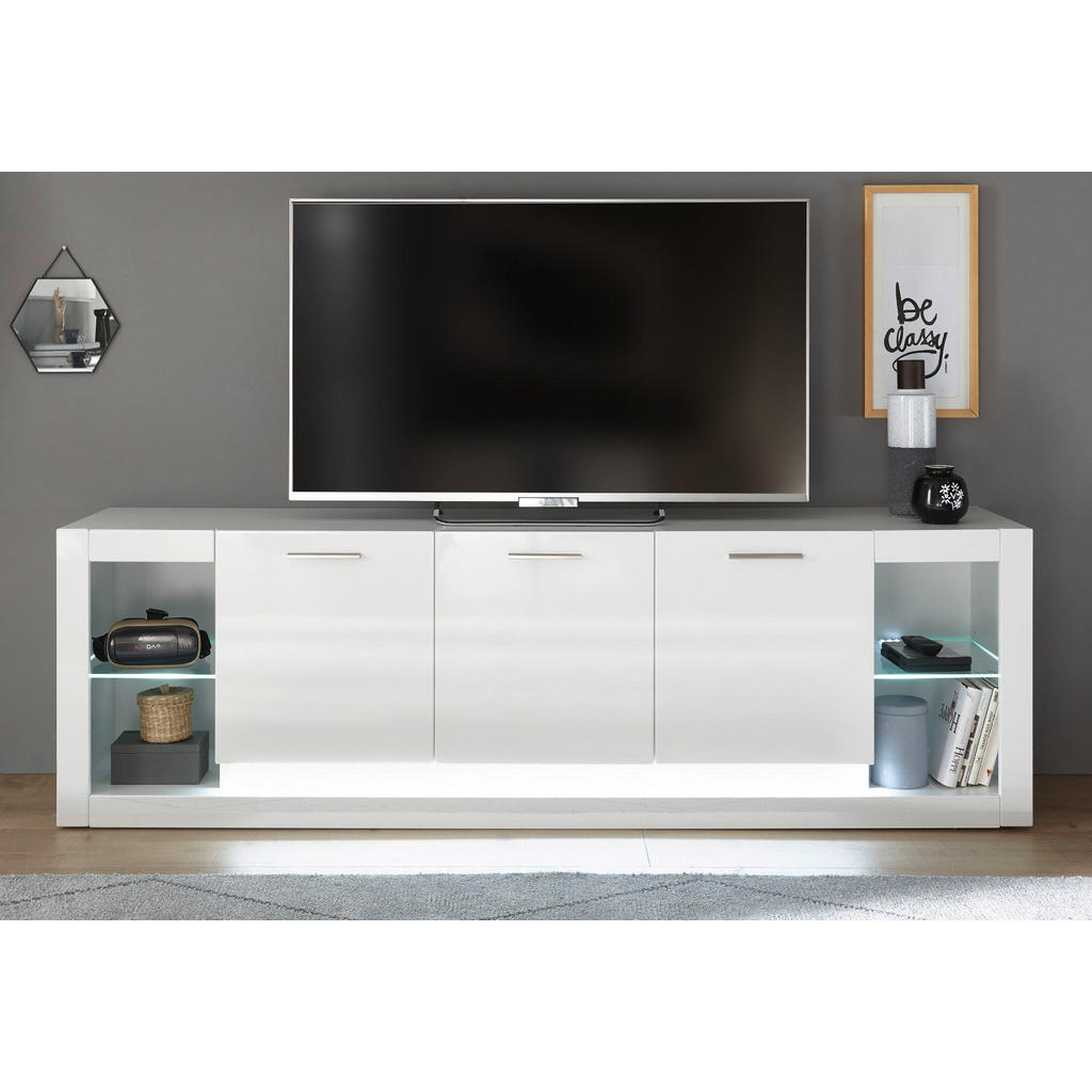 Thumbnail - Furn.Design Tv-Lowboard, Weiß, Weiß Hochglanz, Kunststoff, Nachbildung, Uni, 3 Fächer, Sockel, 198x61x43 cm, Wohnzimmer,...