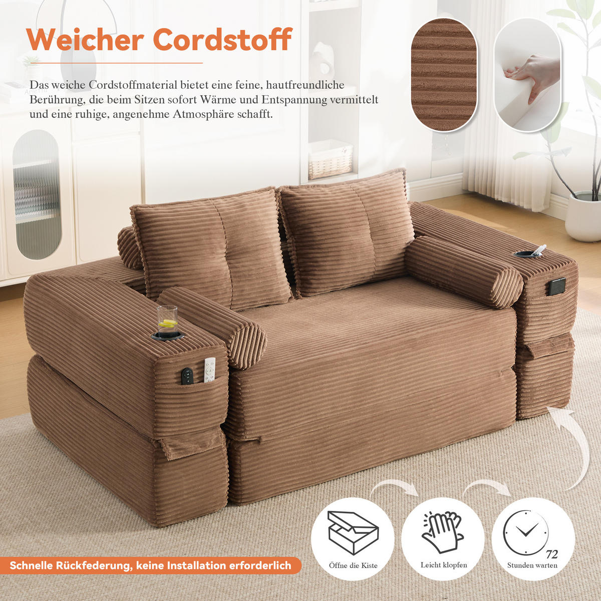 SCHLAFSOFA mit Cordbezug, Memory-Kissen, Getränkehalter und Seitentaschen - Braun, Textil (180/80/98cm) - EVRYAE