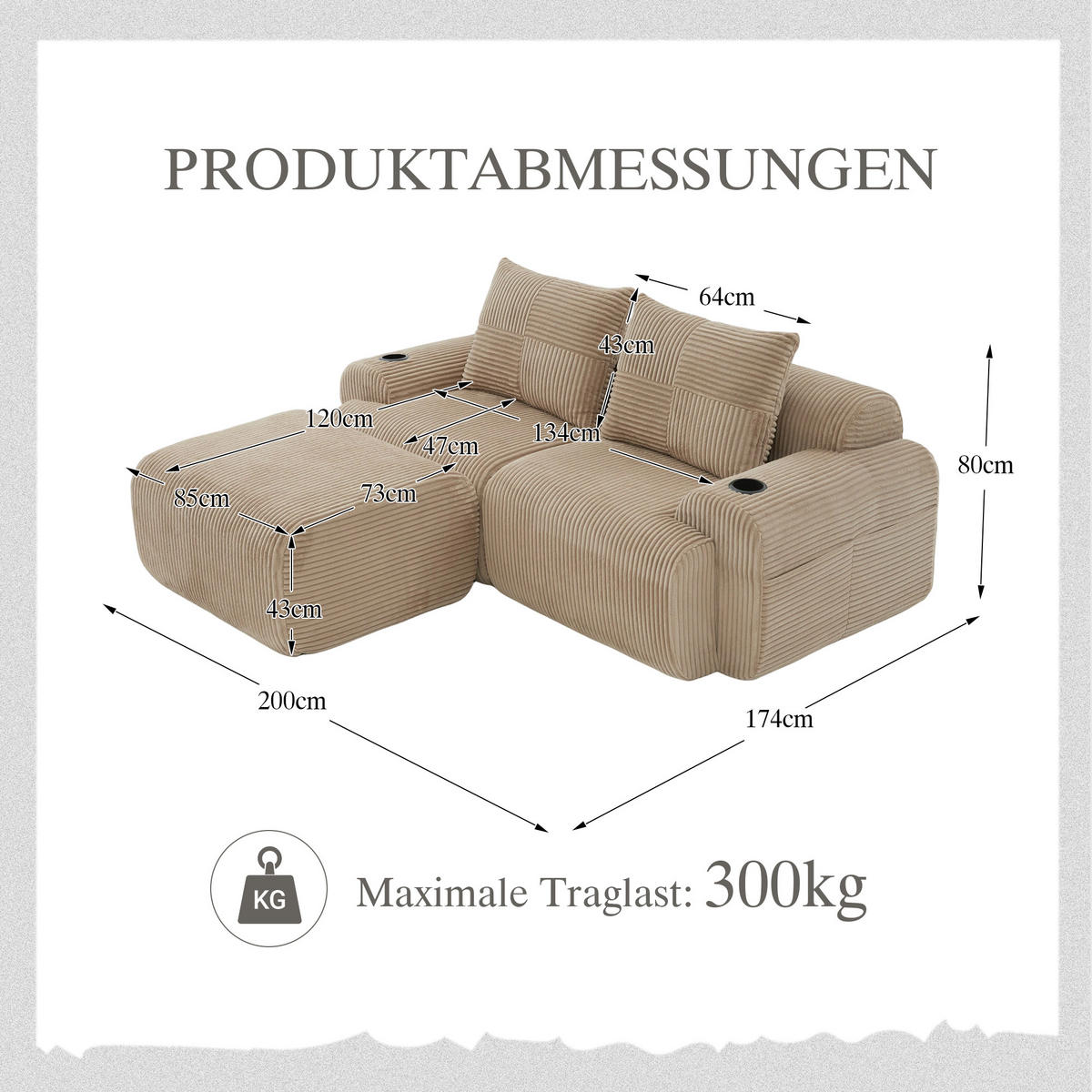 MODULARES 2-Sitzer Sofa Cord mit Getränkehalter und Seitentasche 200/174/80 cm Sandfarben - Sandfarben, Textil (174/200cm) - Redom