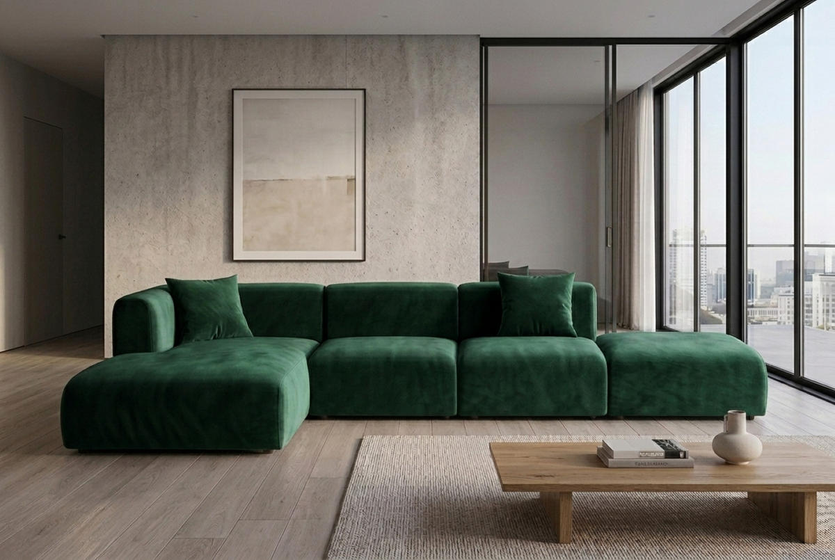 ECKSOFA L-Form Mit Hocker, Velvet-Stoff Bluvel, Grün, Links, GRETA - Grün, Holz (386/179cm) - Kaiser Möbel