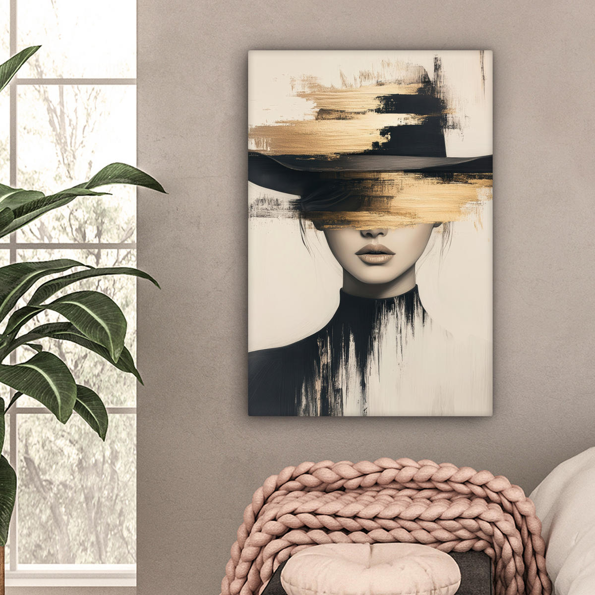 LEINWANDBILD Frau - Hut - Farbe Wanddeko 40x60 cm - Goldfarben, Textil (40/60cm) - MuchoWow