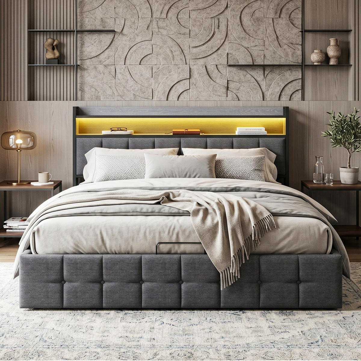 POLSTERBETT Geometrisch 160/200 cm mit Bettkasten & Regalkopfteil Leinenoptik Grau - Grau, Textil (160/200cm) - Creahappy