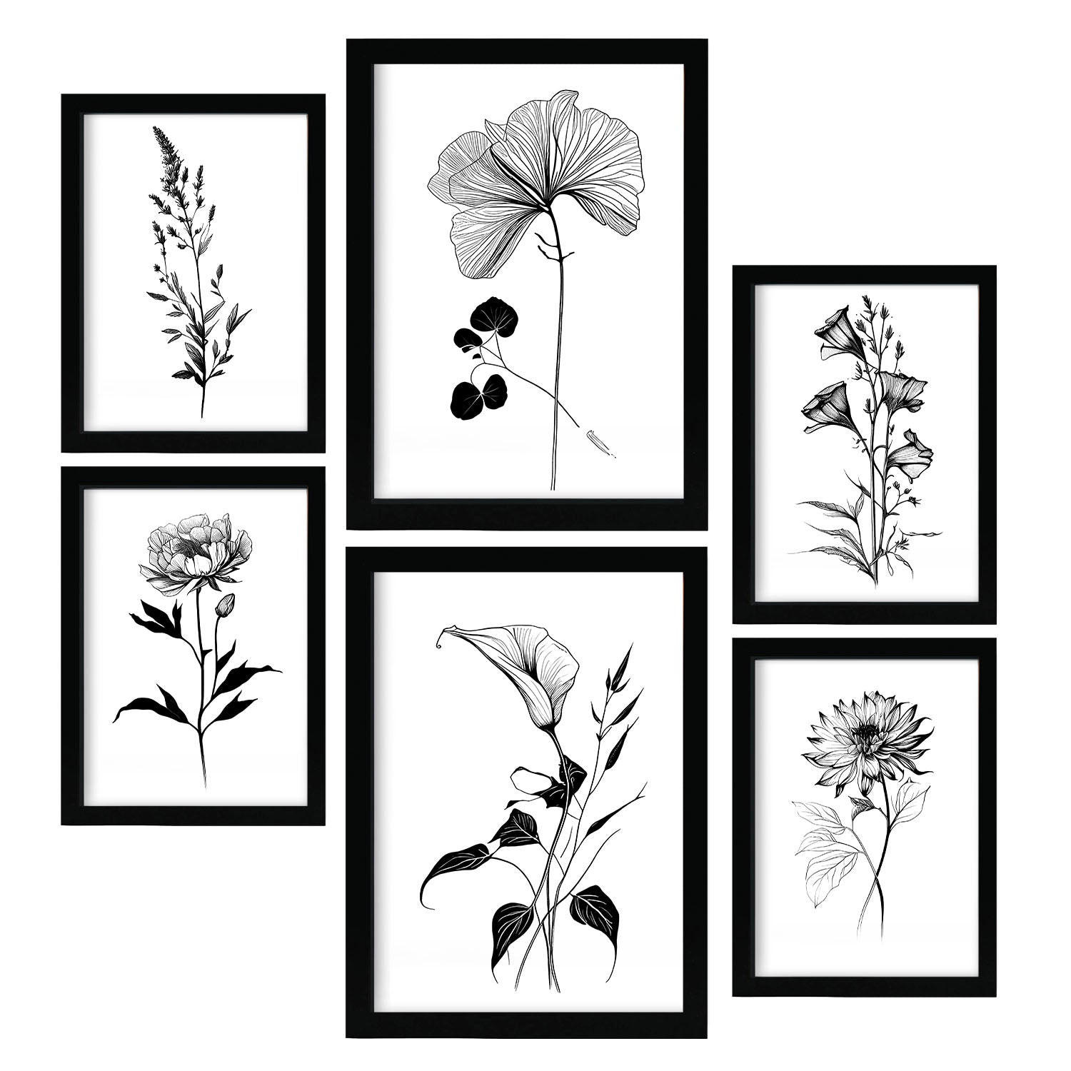 POSTER Set Mit 6 Belaubte Blumen Natur Und Botanikdrucke Mit Blumenmotiven In Klassischem Schwarz Und Weiß Innenarchitektur A3 & A4 Schwarzer Rahmen - Schwarz, Papier (29/3cm) - Nacnic