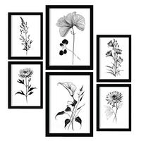 POSTER Set Mit 6 Belaubte Blumen Natur Und Botanikdrucke Mit Blumenmotiven In Klassischem Schwarz Und Weiß Innenarchitektur A3 & A4 Schwarzer Rahmen - Schwarz, Papier (29/3cm) - Nacnic