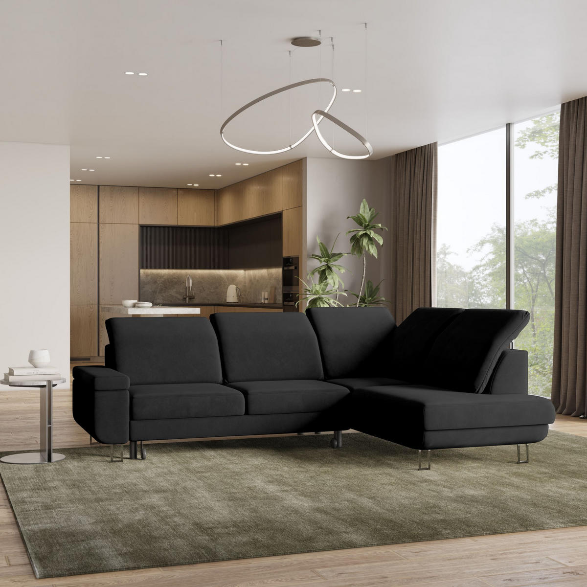 ECKSOFA LERMA R-S Schwarz Velours-Stoff mit Schlaffunktion - Schwarz, Holz (253/190cm) - MASSENO