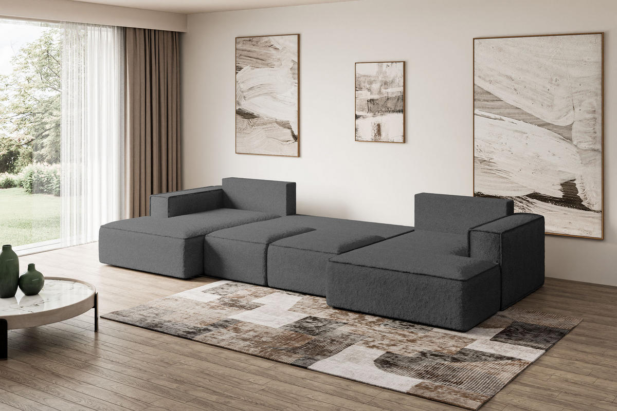 WOHNLANDSCHAFT mit Schlaffunktion und Bettkasten SIERRA-U-S - 349x161x87 cm Grau Bouclé - Schwarz/Grau, Holzwerkstoff/Kunststoff (349/87/161cm) - ALTDECOR