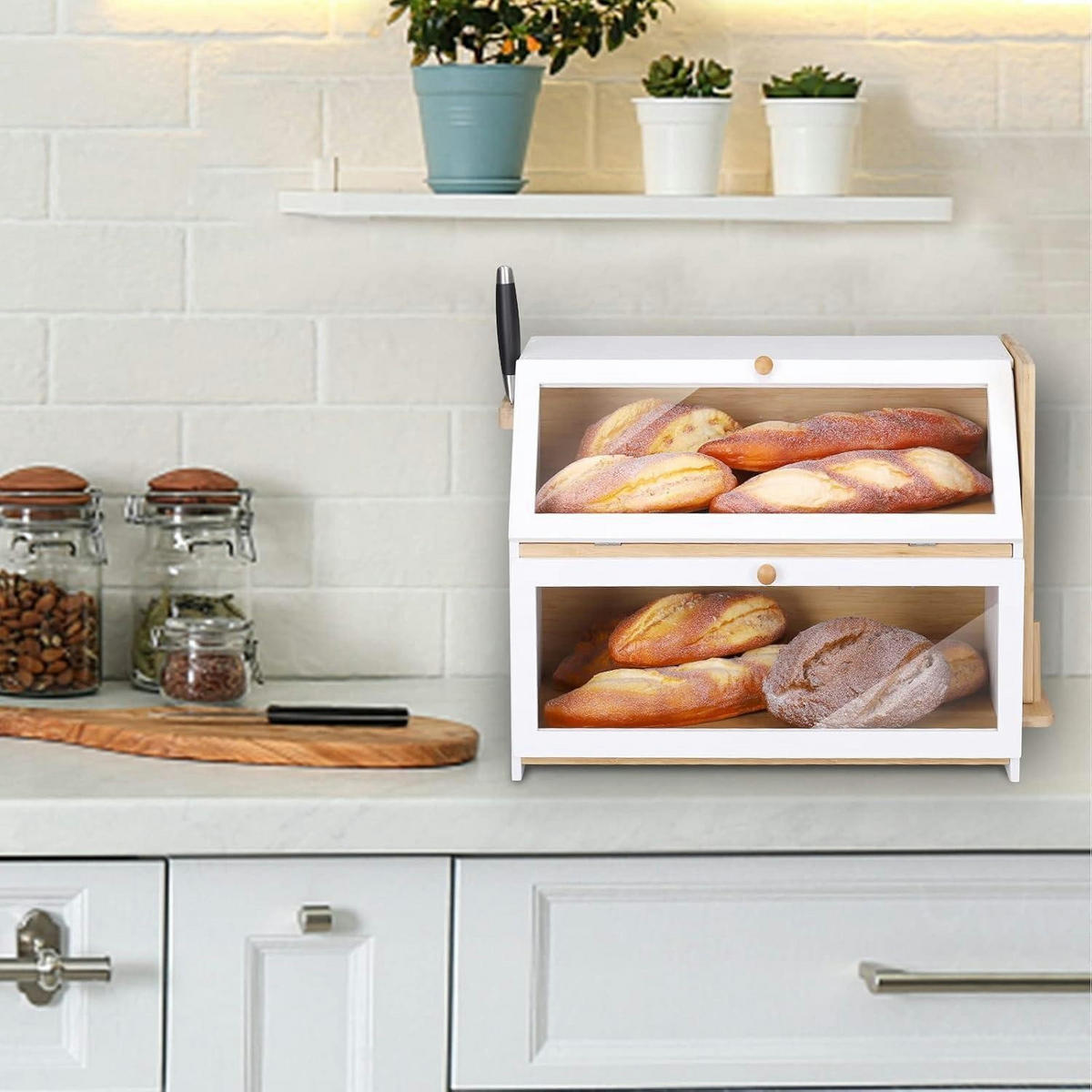 BROTKASTEN 2 Etagen Bambus Weiß 50 x 25 x 37 cm - Weiß, Naturmaterialien (24.9/36.8/50cm)