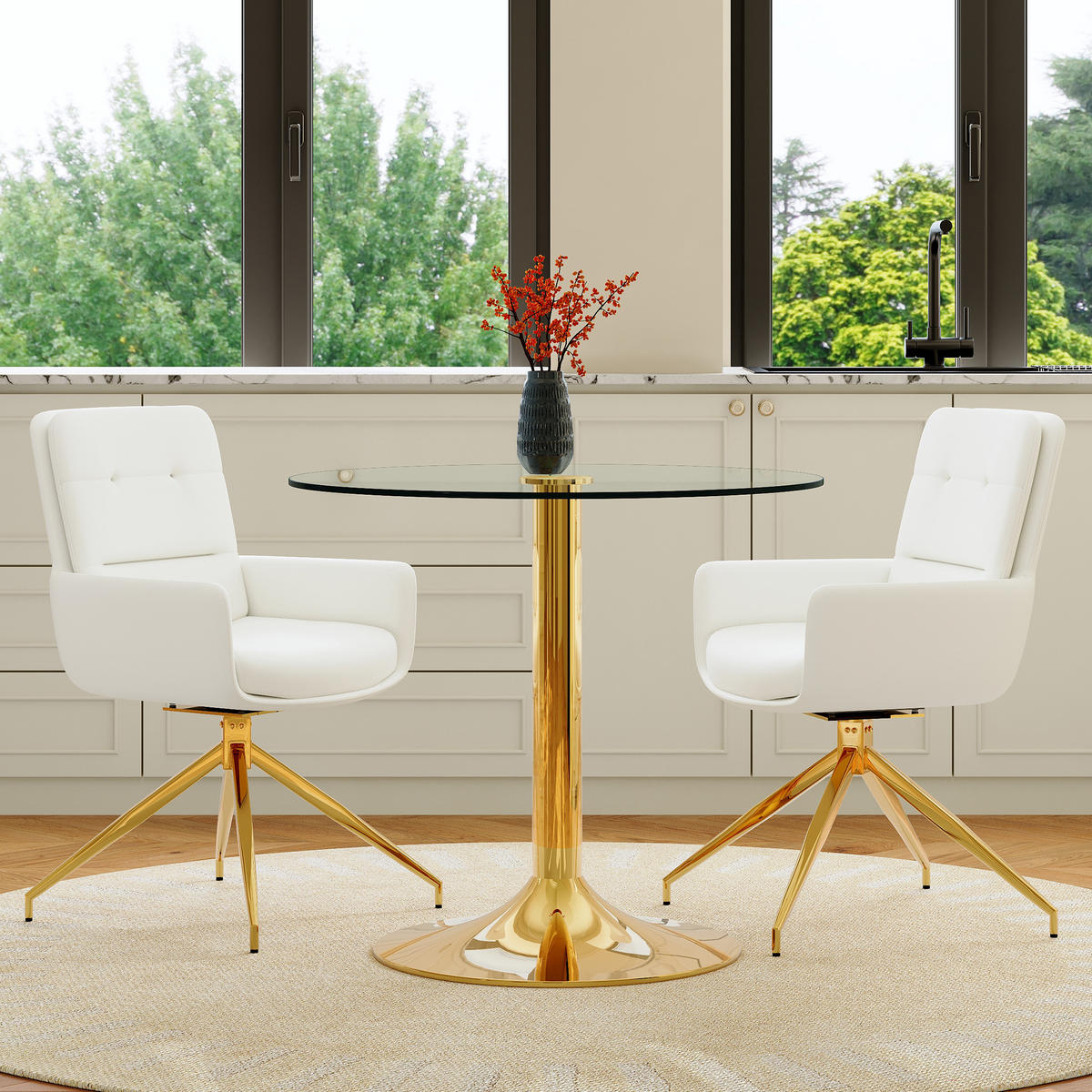 ESSGRUPPE DE-39476 3-teilig, Glastisch und 2 Drehstühlen mit Knopfverzierung Weiß - Weiß, Metall (85/75/85cm) - ComfortXL