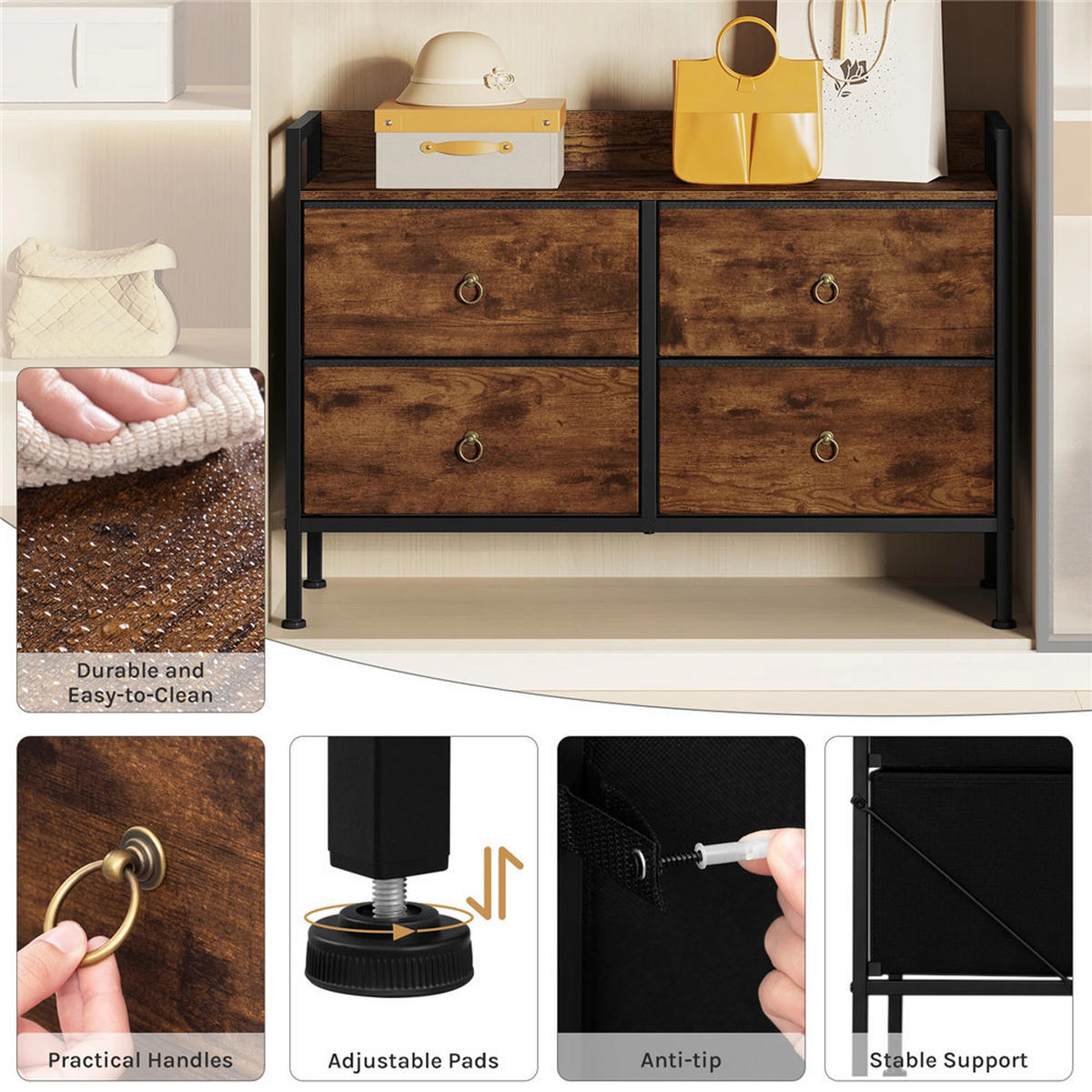 KOMMODE Stoff 4 Schubladen Sideboard 100x69x29 cm - Braun, Metall (100/69/29cm) - Kaket
