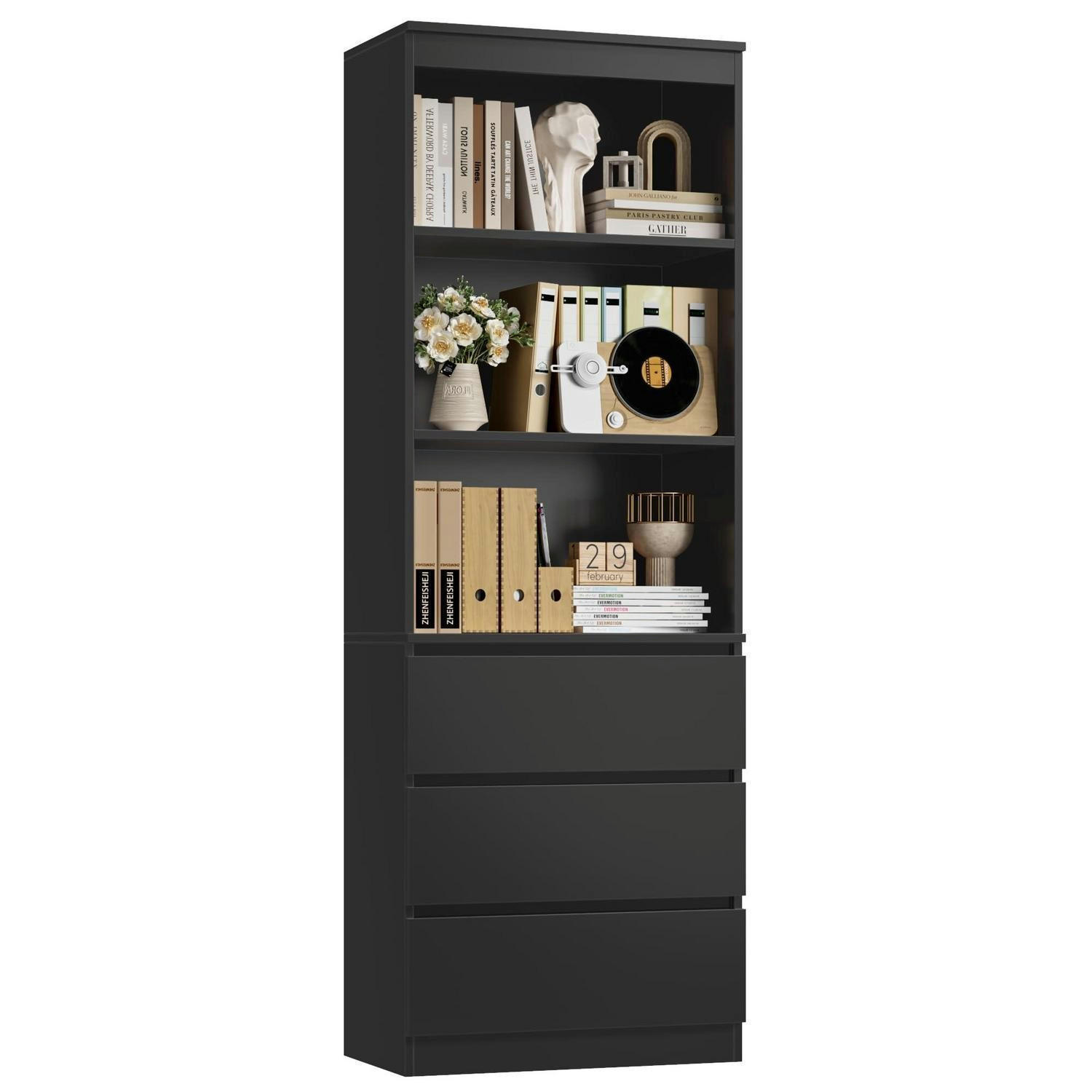 BÜCHERREGAL mit 3 Schubladen und 3 Fächern 180 cm Schwarz - Schwarz, Holzwerkstoff (60/180/35cm)