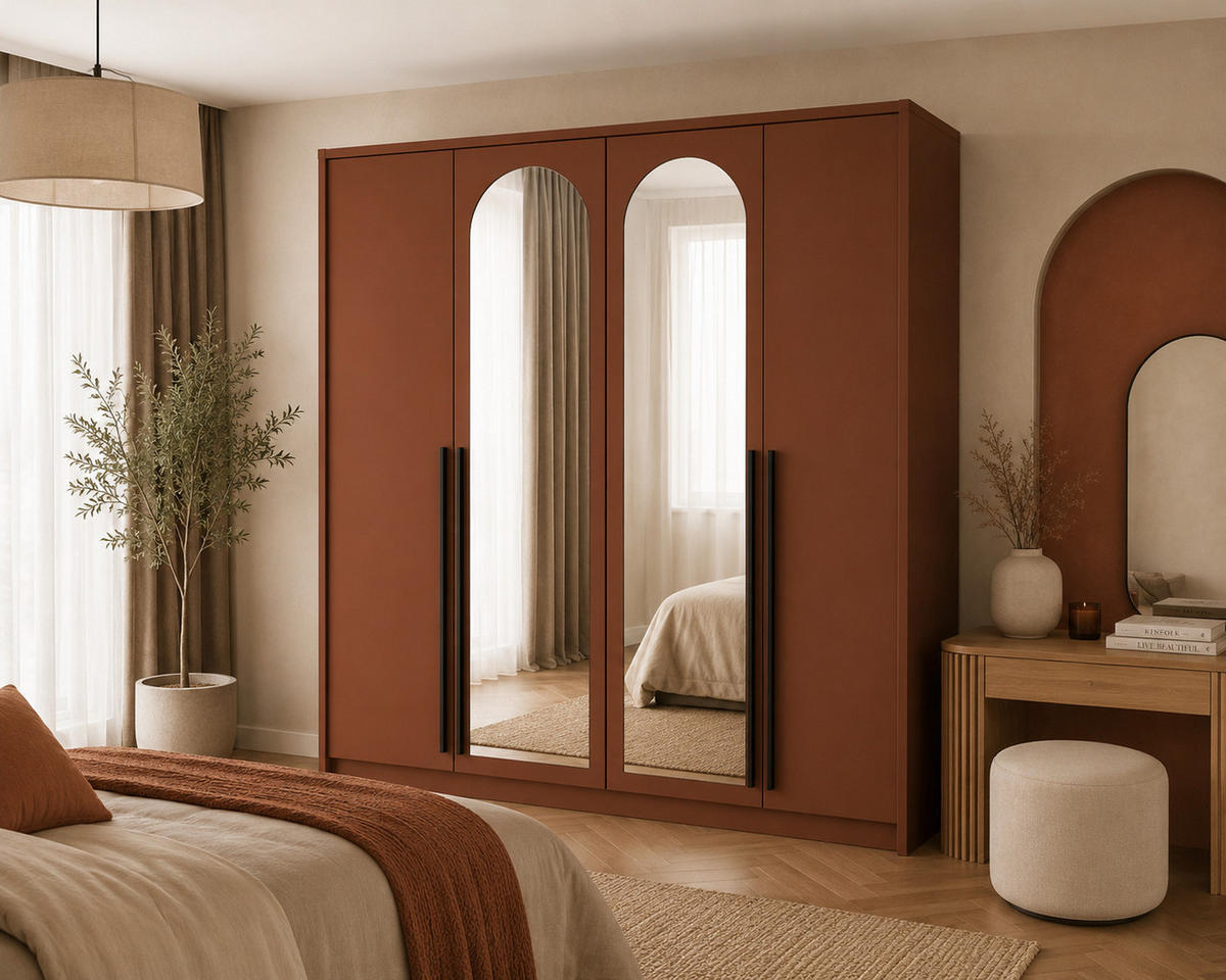 KLEIDERSCHRANK MIT SPIEGEL: Terrakotta / Griffe Silber, 205 x 65 x 217,2 cm - Silberfarben/Terracotta, Holzwerkstoff (205/217.2/65cm) - 3XE LIVING