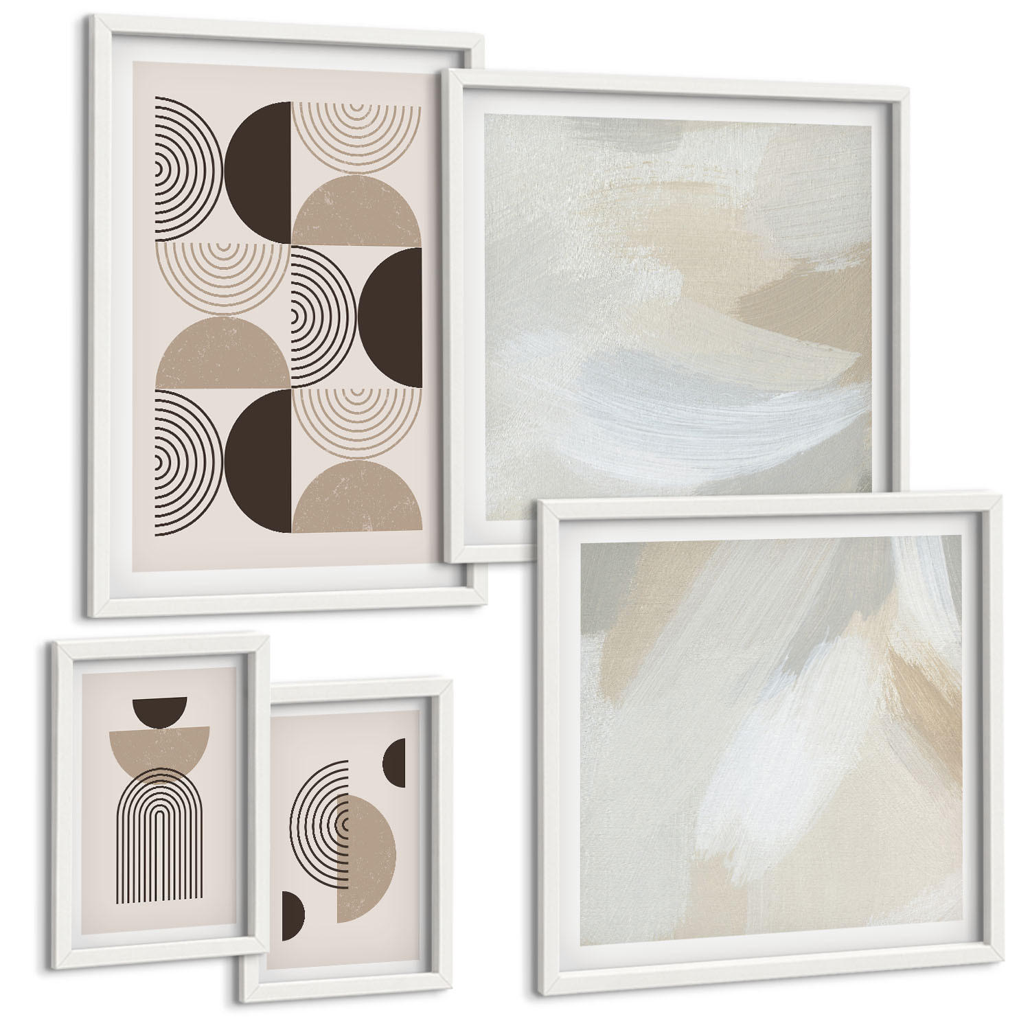 BILDER SET 5er Set - 50x50 cm & 20x30 cm & 40x60 cm Weißer Rahmen - Abstrakte geometrische Muster - Weiß, Kunststoff (40/60cm) - TULUP