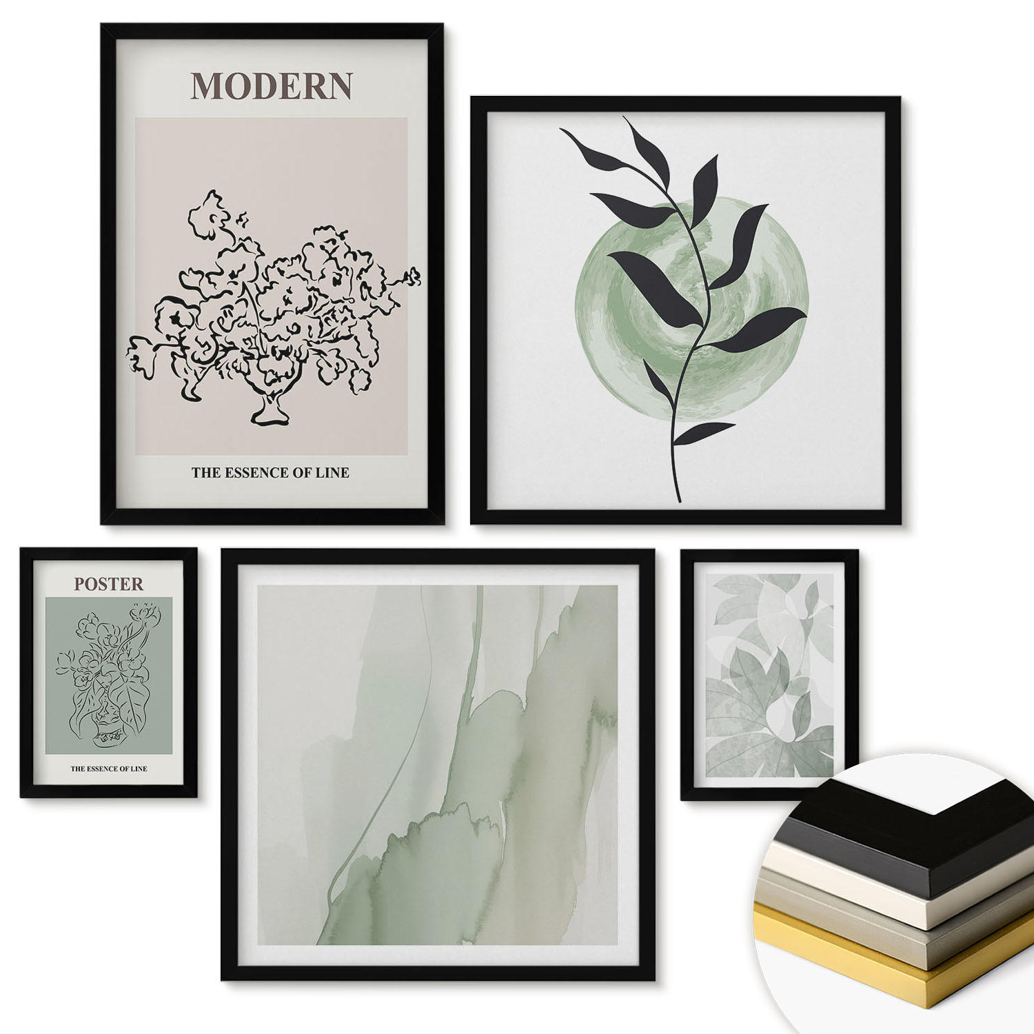 WANDBILDER 5er-Set - 50x50 cm & 20x30 cm & 40x60 cm Schwarzer Rahmen - Blumen in einer modernen Vase - Schwarz, Kunststoff (40/60cm) - ArtPrintCave
