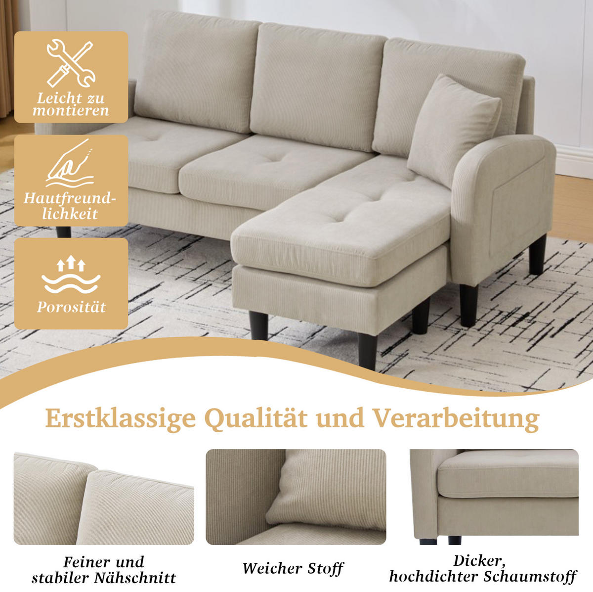 ECKSOFA Cordbezug mit modularer Chaiselongue Hellbraun 166/118/77 cm - Hellbraun, Textil (166/118cm) - Redom