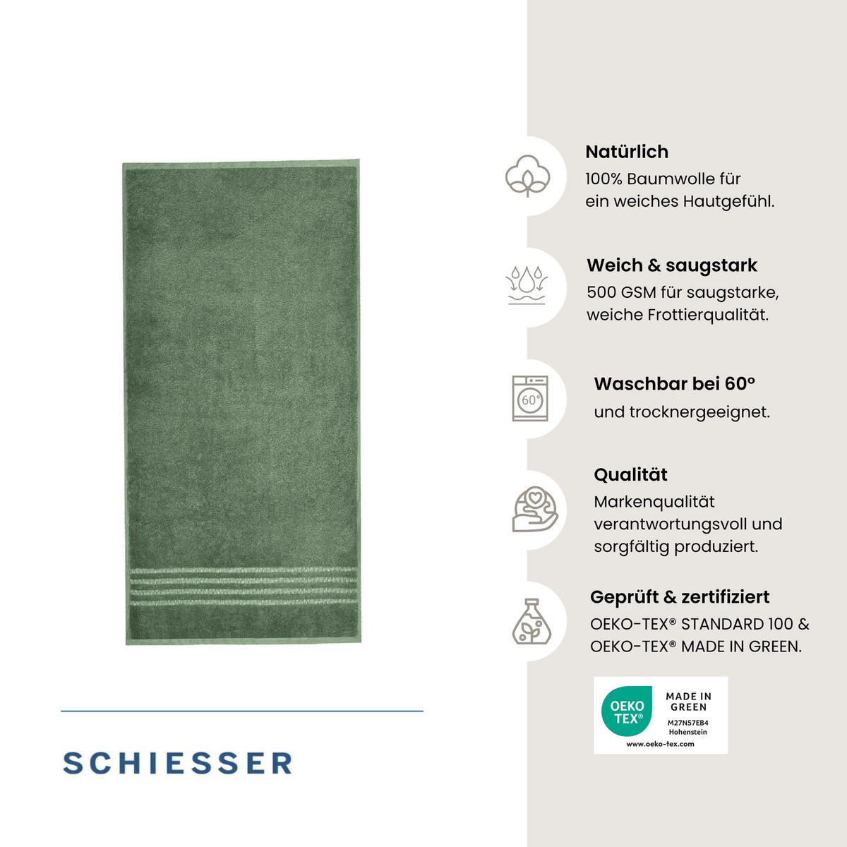 DUSCHTUCHSET Milano - 2-teilig - 70x140 cm - Dunkelgrün - Dunkelgrün, Textil (70/140cm) - SCHIESSER