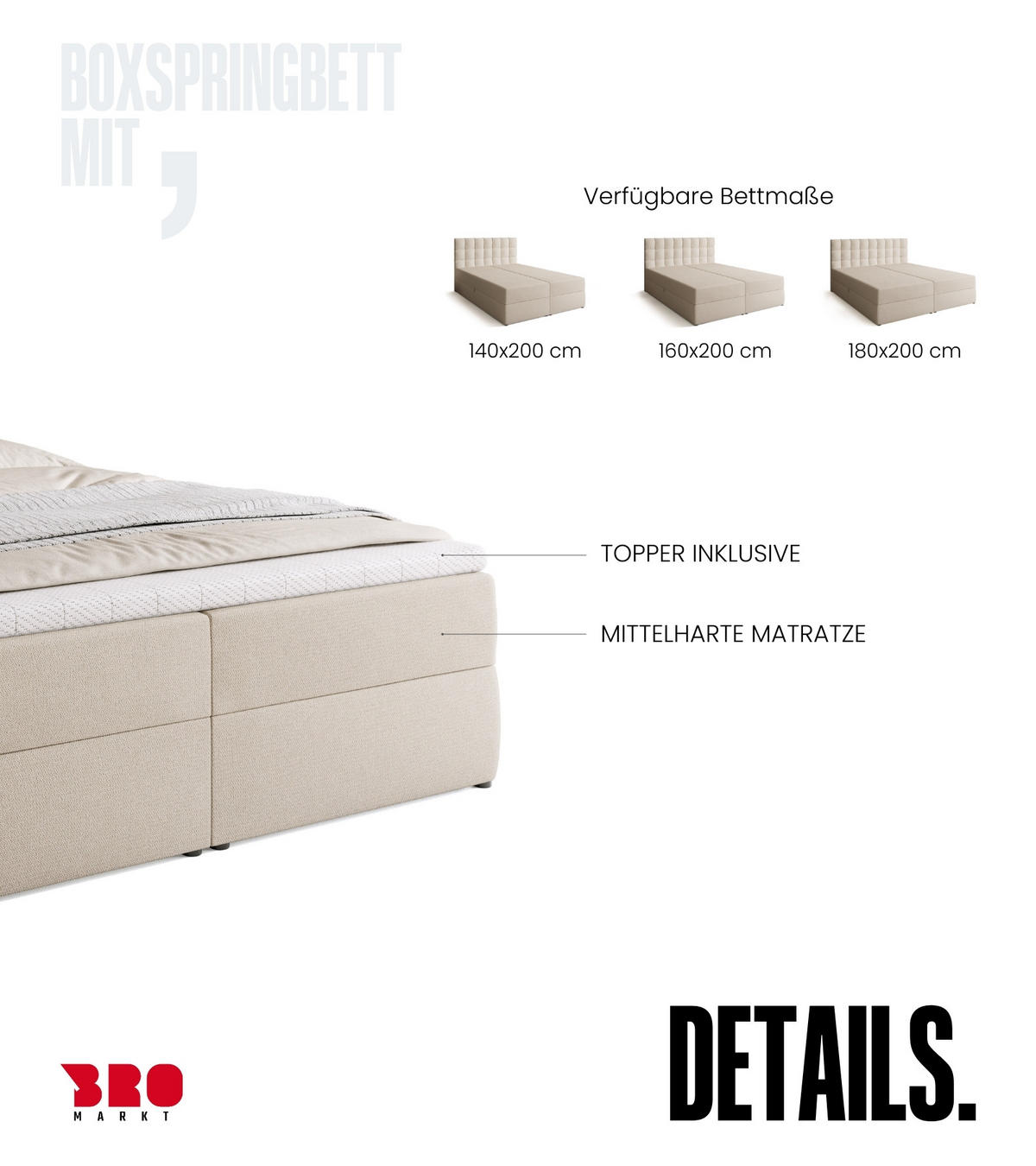 BOXBETT Detroit mit Topper 160/200 Ecru - Ecru, Holzwerkstoff/Textil (160/200cm) - Bromarkt