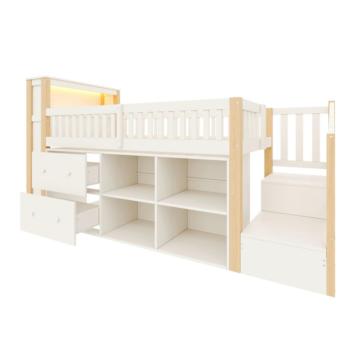 HOCHBETT Kiefernholz & MDF 90x200 cm Natur mit Stauraum, Leiterschrank, USB/USB-C und LED - Naturfarben, Holzwerkstoff (90/200cm) - Modfu
