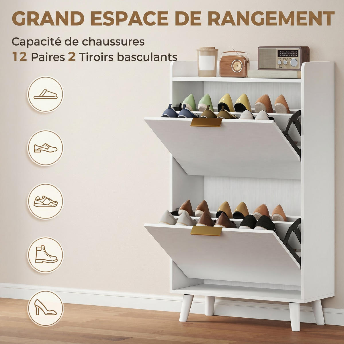 SCHUHSCHRANK Weiß Holz mit Klappfächern platzsparend 1 Stück - Weiß, Holzwerkstoff (70/120/30cm) - PANGIVO