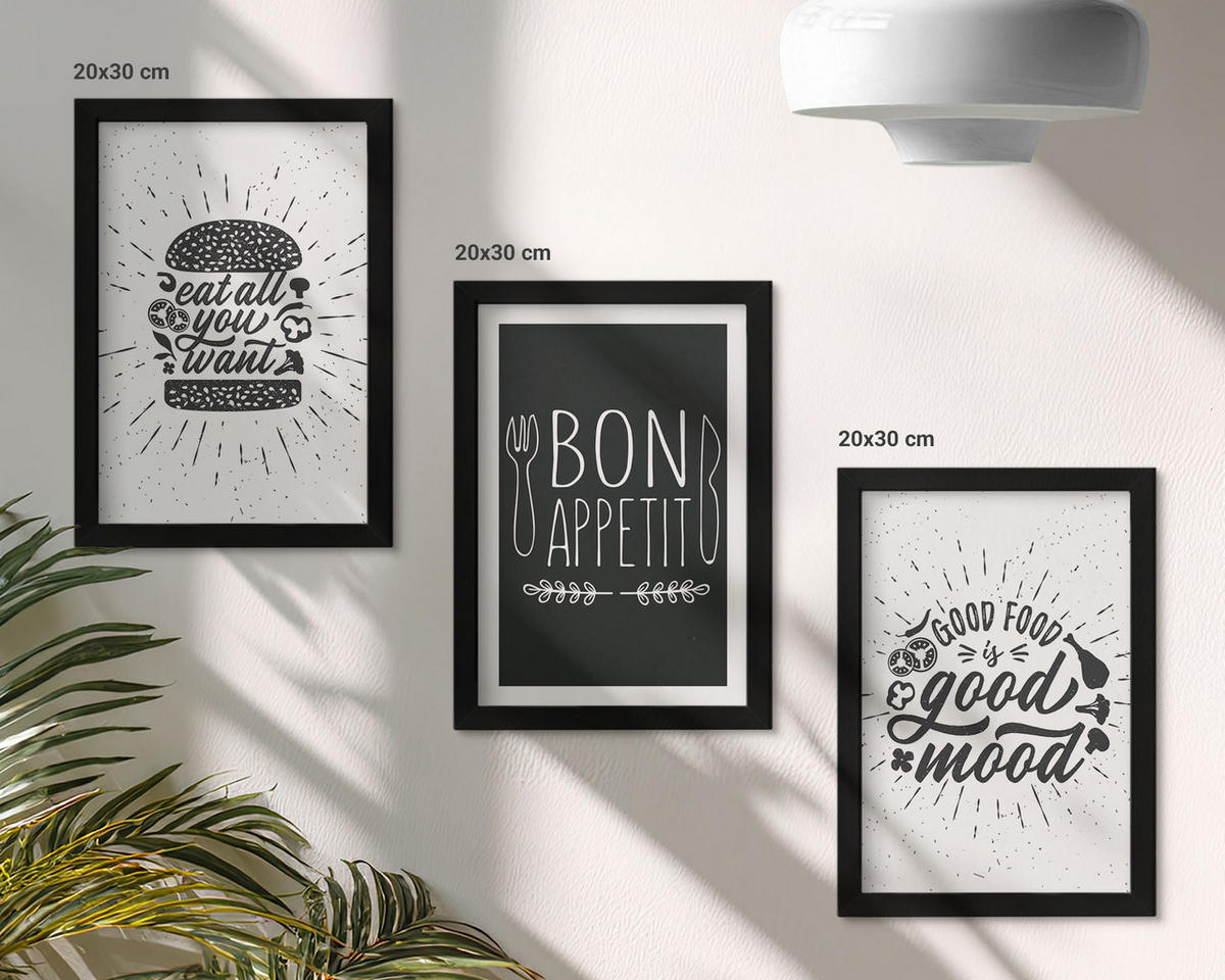 BILDER SET 3er Set - 20x30 cm Schwarzer Rahmen - Grafiken, Lebensmittel, kulinarische Slogans - Schwarz, Kunststoff (20/30cm) - TULUP