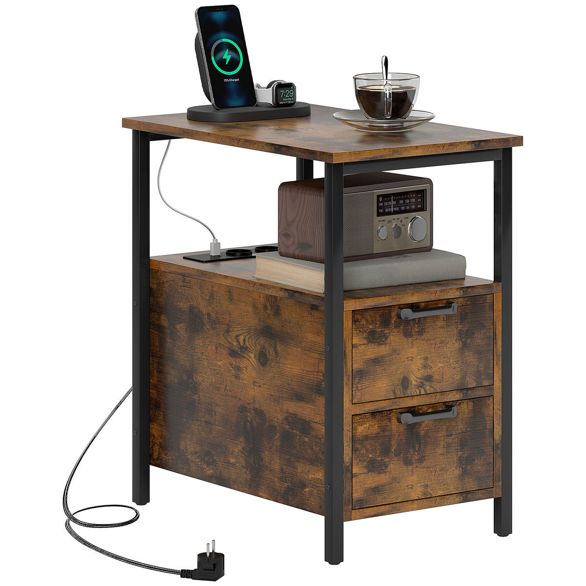 BEISTELLTISCH Couchtisch mit Aufladestation, USB-Anschlüssen und Steckdosen, Rustikal-Braun - Braun, Holzwerkstoff (35/55/58.5cm) - HOMCOM