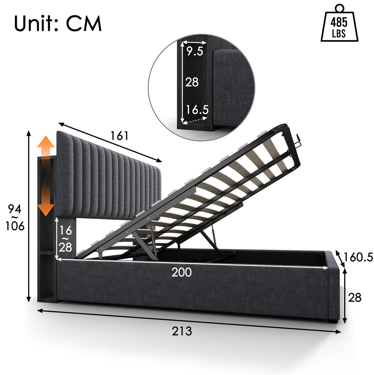 ČALÚNENÁ posteľ z ľanu 160x200 cm sivá s LED osvetlením, USB a Type C, úložným priestorom - sivá, textil (160/200cm) - Modfu
