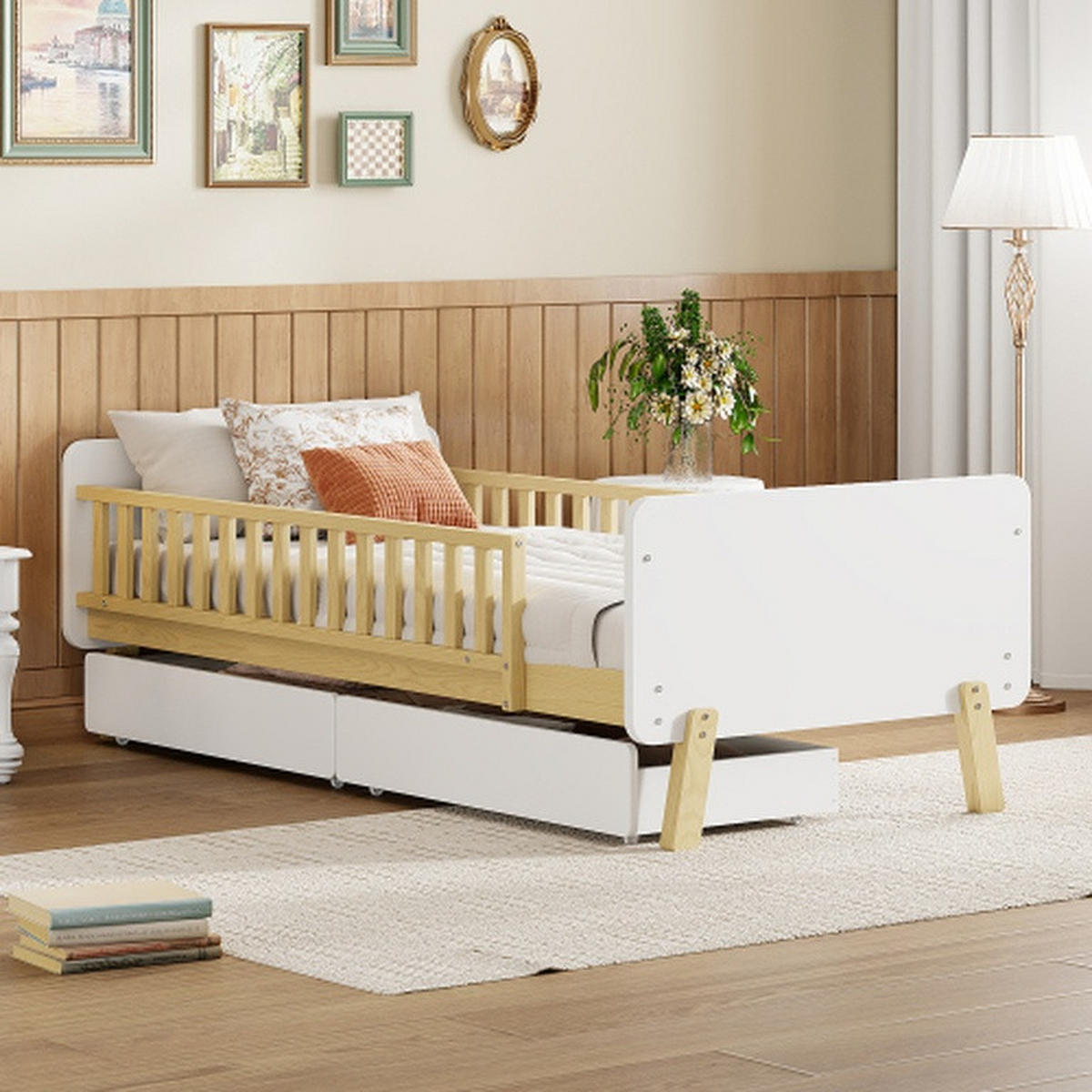 KINDERBETT 90x190 mit 2 Schubladen, Einzelbett aus Massivholz mit Lattenrost, weiß - Weiß, Holz (90/190cm)