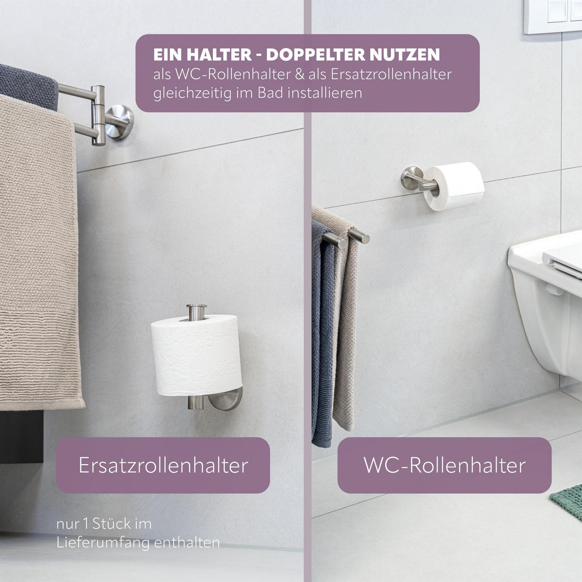 TOILETTENPAPIERHALTER PIAZZA Edelstahl, inkl. Klebeset - Silberfarben, Metall (6/15/9cm) - bremermann