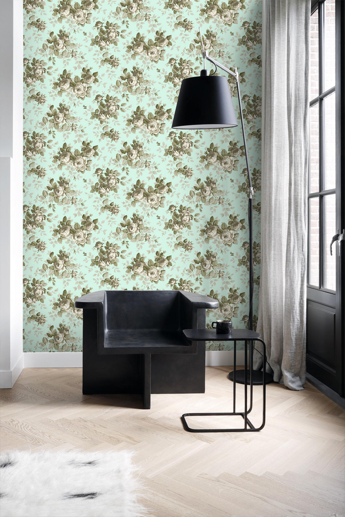 TAPETE Rosen 53 cm x 10.05 m - Grün, Papier (53/1000cm) - Origin Wallcoverings