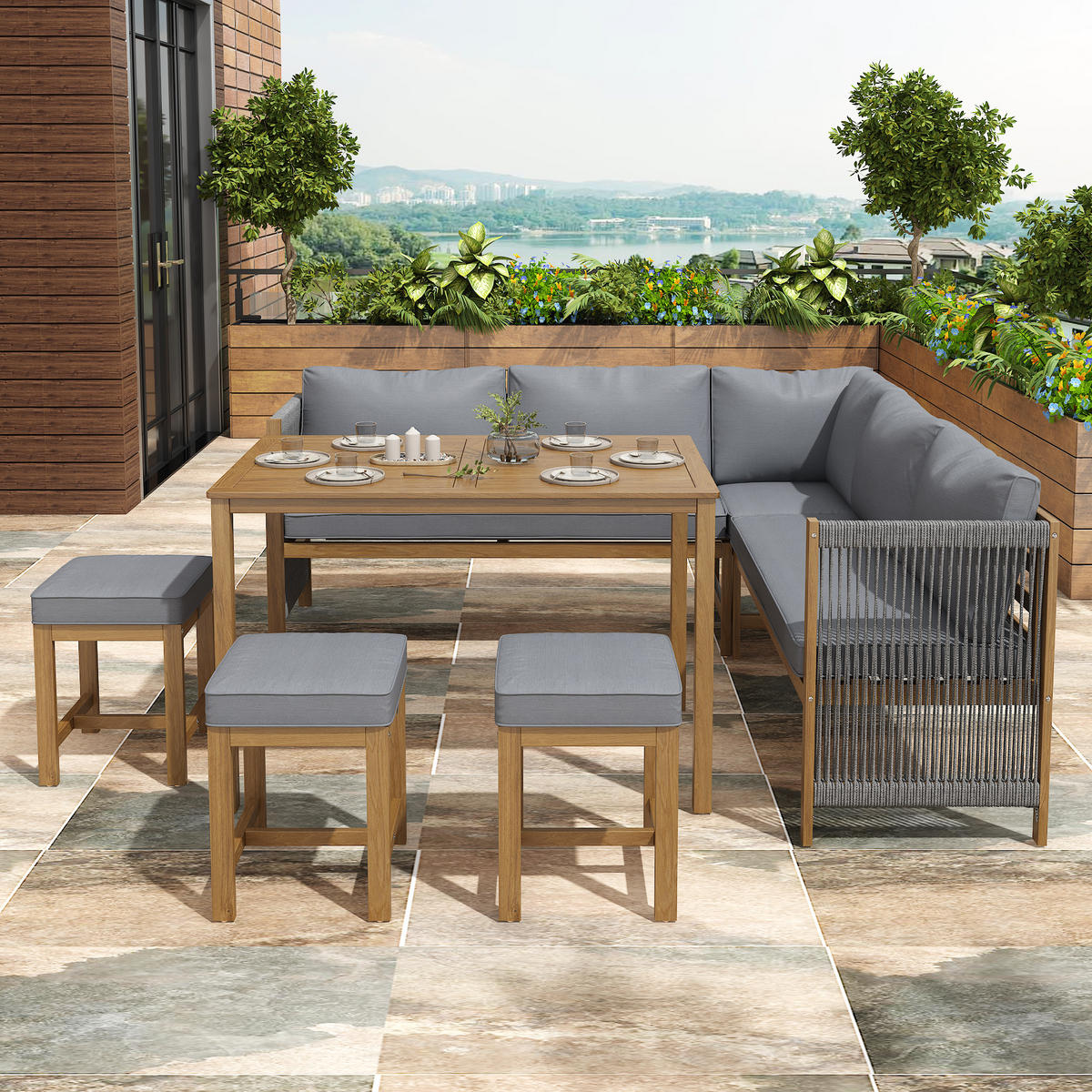 LOUNGESET 7-8 Personen Grau+Natur Mit Sofa Hocker Tisch - Naturfarben, Textil - FLIEKS